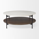 Larkin 42" Round Two-Tier White Marble Top and Solid Wood Shelf w/ Black Metal Frame Coffee Table by Mercana at Eve Furniture