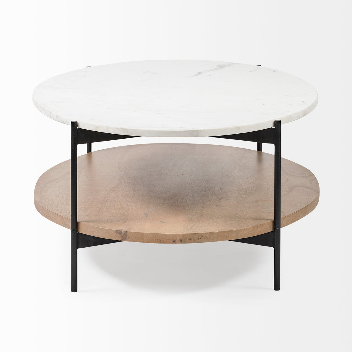 Larkin 48" Oval White Marble Top and Solid Wood Shelf w/ Black Metal Frame Coffee Table by Mercana at Eve Furniture