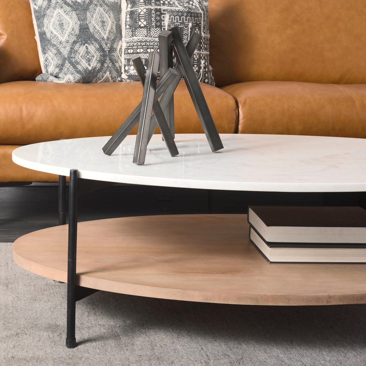 Larkin 48" Oval White Marble Top and Solid Wood Shelf w/ Black Metal Frame Coffee Table by Mercana at Eve Furniture