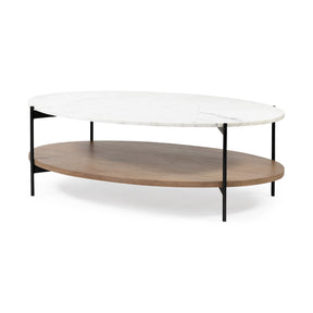 Larkin 48" Oval White Marble Top and Solid Wood Shelf w/ Black Metal Frame Coffee Table by Mercana at Eve Furniture