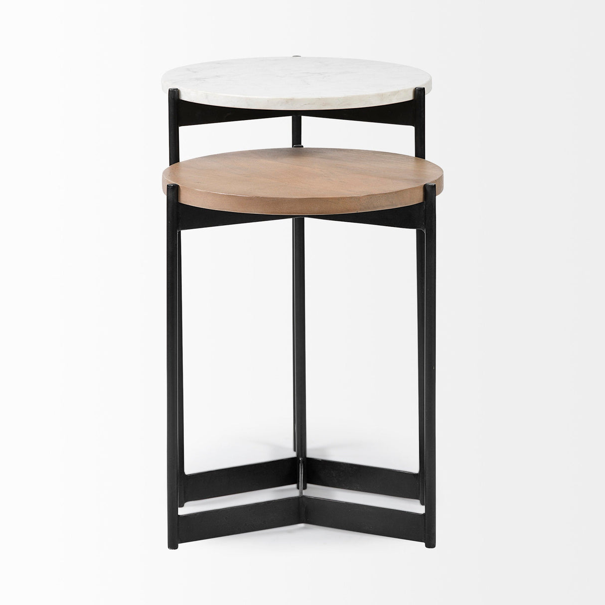 Larkin II Marble and Medium Brown Wood Round Tabletop Nesting End/Side Tables by Mercana at Eve Furniture