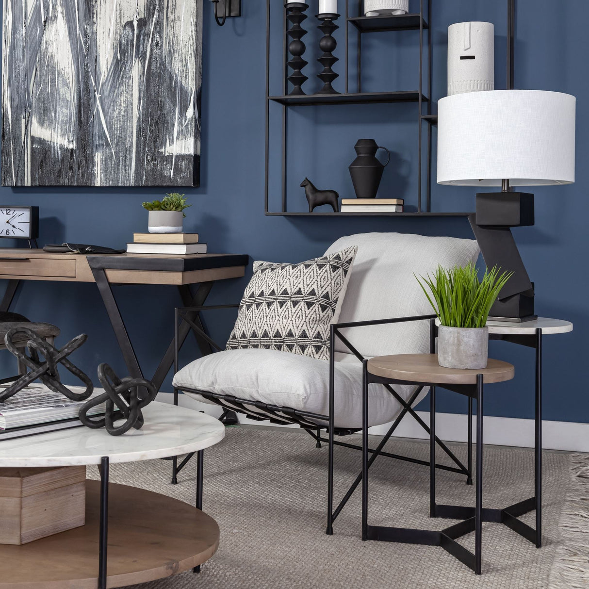 Larkin II Marble and Medium Brown Wood Round Tabletop Nesting End/Side Tables by Mercana at Eve Furniture