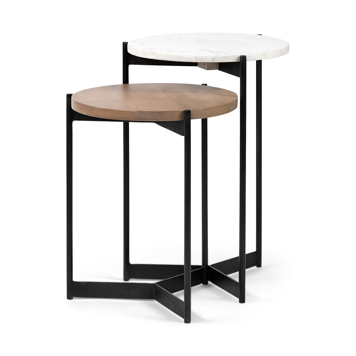 Larkin II Marble and Medium Brown Wood Round Tabletop Nesting End/Side Tables by Mercana at Eve Furniture