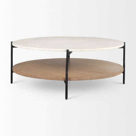 Larkin Marble Top w/ Brown Wood Shelf Round Coffee Table by Mercana at Eve Furniture