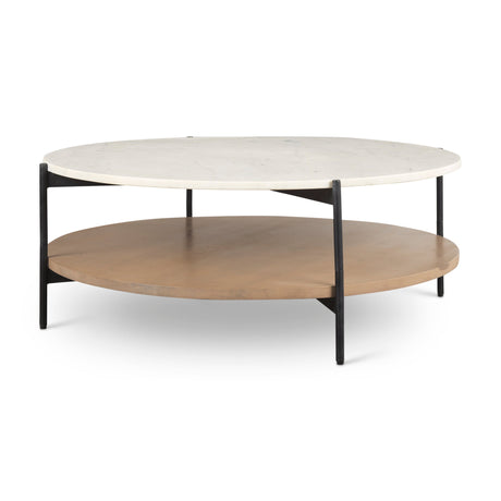 Larkin Marble Top w/ Brown Wood Shelf Round Coffee Table by Mercana at Eve Furniture