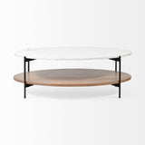 Larkin Oval White Marble Top and Solid Wood Shelf w/ Black Metal Frame Coffee Table by Mercana at Eve Furniture