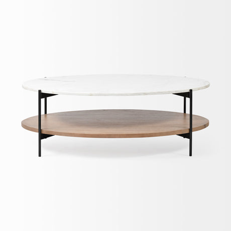 Larkin Oval White Marble Top and Solid Wood Shelf w/ Black Metal Frame Coffee Table by Mercana at Eve Furniture