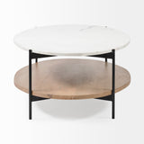 Larkin Oval White Marble Top and Solid Wood Shelf w/ Black Metal Frame Coffee Table by Mercana at Eve Furniture