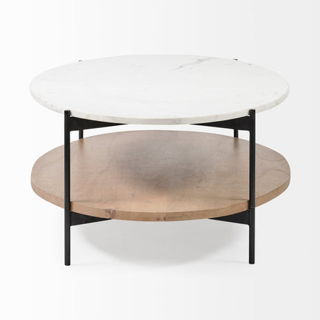 Larkin Oval White Marble Top and Solid Wood Shelf w/ Black Metal Frame Coffee Table by Mercana at Eve Furniture