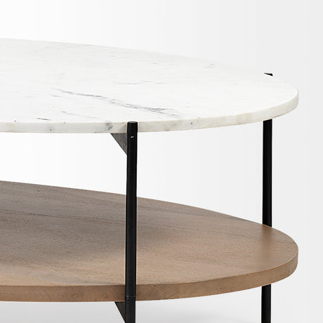 Larkin Oval White Marble Top and Solid Wood Shelf w/ Black Metal Frame Coffee Table by Mercana at Eve Furniture