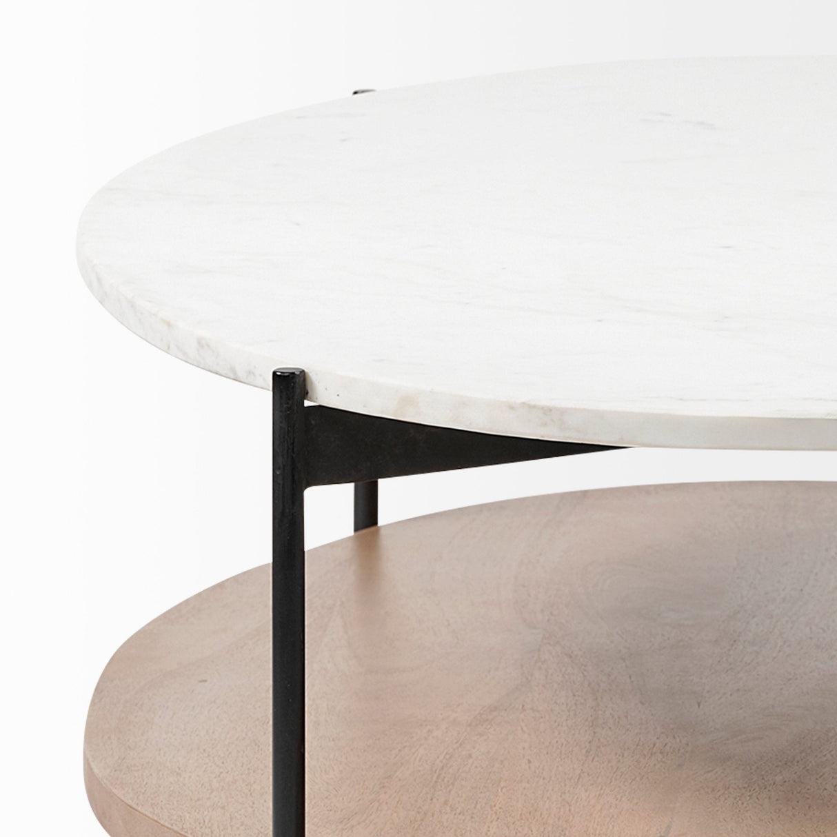 Larkin Oval White Marble Top and Solid Wood Shelf w/ Black Metal Frame Coffee Table by Mercana at Eve Furniture