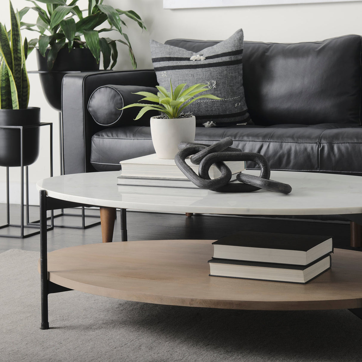 Larkin Oval White Marble Top and Solid Wood Shelf w/ Black Metal Frame Coffee Table by Mercana at Eve Furniture