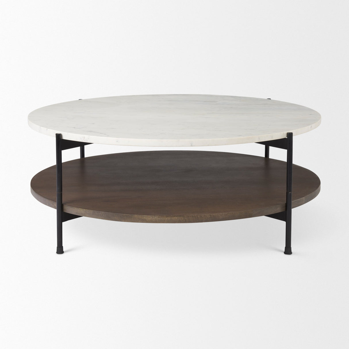 Larkin Round Two-Tier White Marble Top and Solid Wood Shelf w/ Black Metal Frame Coffee Table by Mercana at Eve Furniture