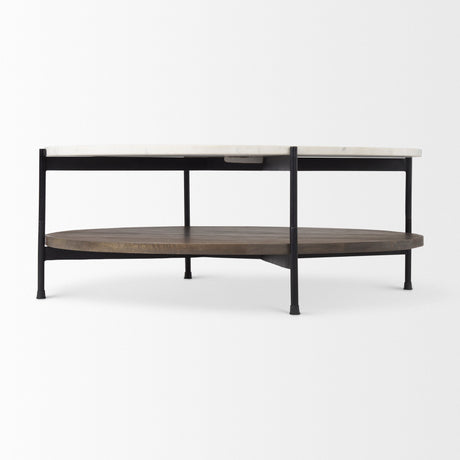 Larkin Round Two-Tier White Marble Top and Solid Wood Shelf w/ Black Metal Frame Coffee Table by Mercana at Eve Furniture