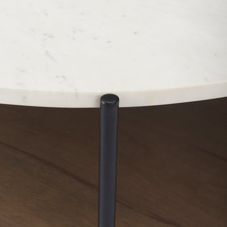 Larkin Round Two-Tier White Marble Top and Solid Wood Shelf w/ Black Metal Frame Coffee Table by Mercana at Eve Furniture