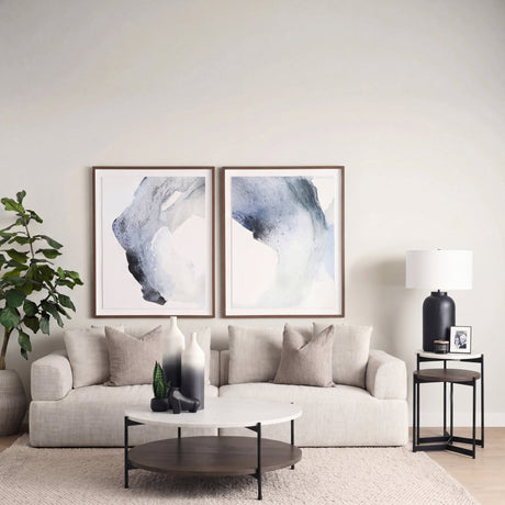 Larkin Round Two-Tier White Marble Top and Solid Wood Shelf w/ Black Metal Frame Coffee Table by Mercana at Eve Furniture