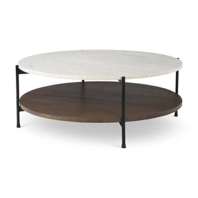 Larkin Round Two-Tier White Marble Top and Solid Wood Shelf w/ Black Metal Frame Coffee Table by Mercana at Eve Furniture