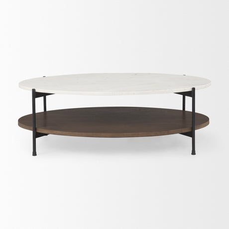 Larkin White Marble Top w/ Dark Brown Wood Shelf Oval Coffee Table by Mercana at Eve Furniture