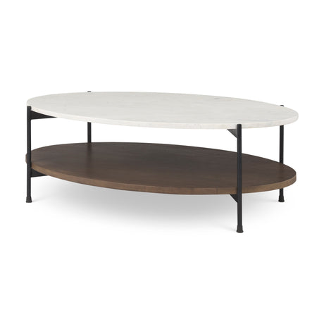 Larkin White Marble Top w/ Dark Brown Wood Shelf Oval Coffee Table by Mercana at Eve Furniture