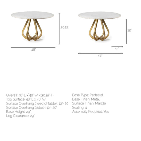 Laurent Marble Top Gold Metal Base Dining Table by Mercana at Eve Furniture