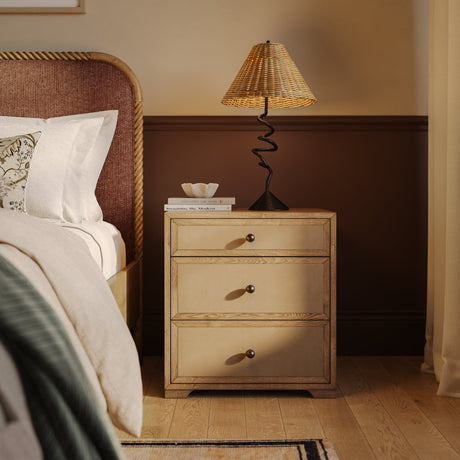 Laurentis 23.5" Light Taupe Suede and Wood 3-Drawer Nightstand by TOV Furniture at Eve Furniture