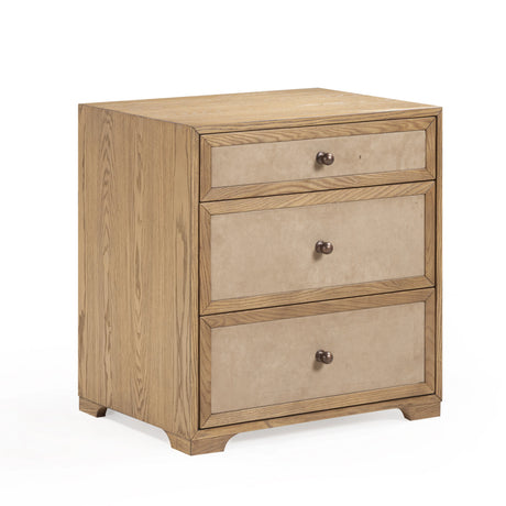 Laurentis 23.5" Light Taupe Suede and Wood 3-Drawer Nightstand by TOV Furniture at Eve Furniture