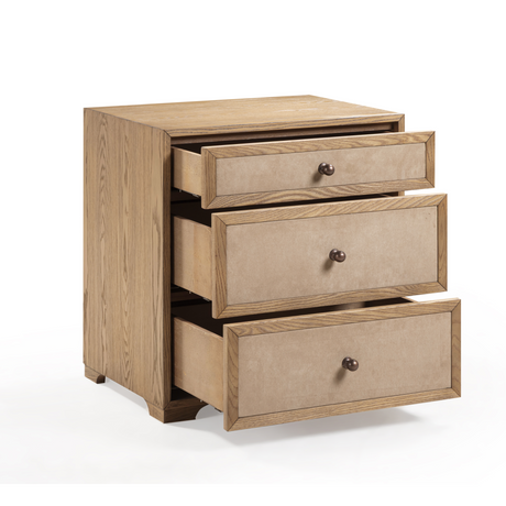 Laurentis 23.5" Light Taupe Suede and Wood 3-Drawer Nightstand by TOV Furniture at Eve Furniture