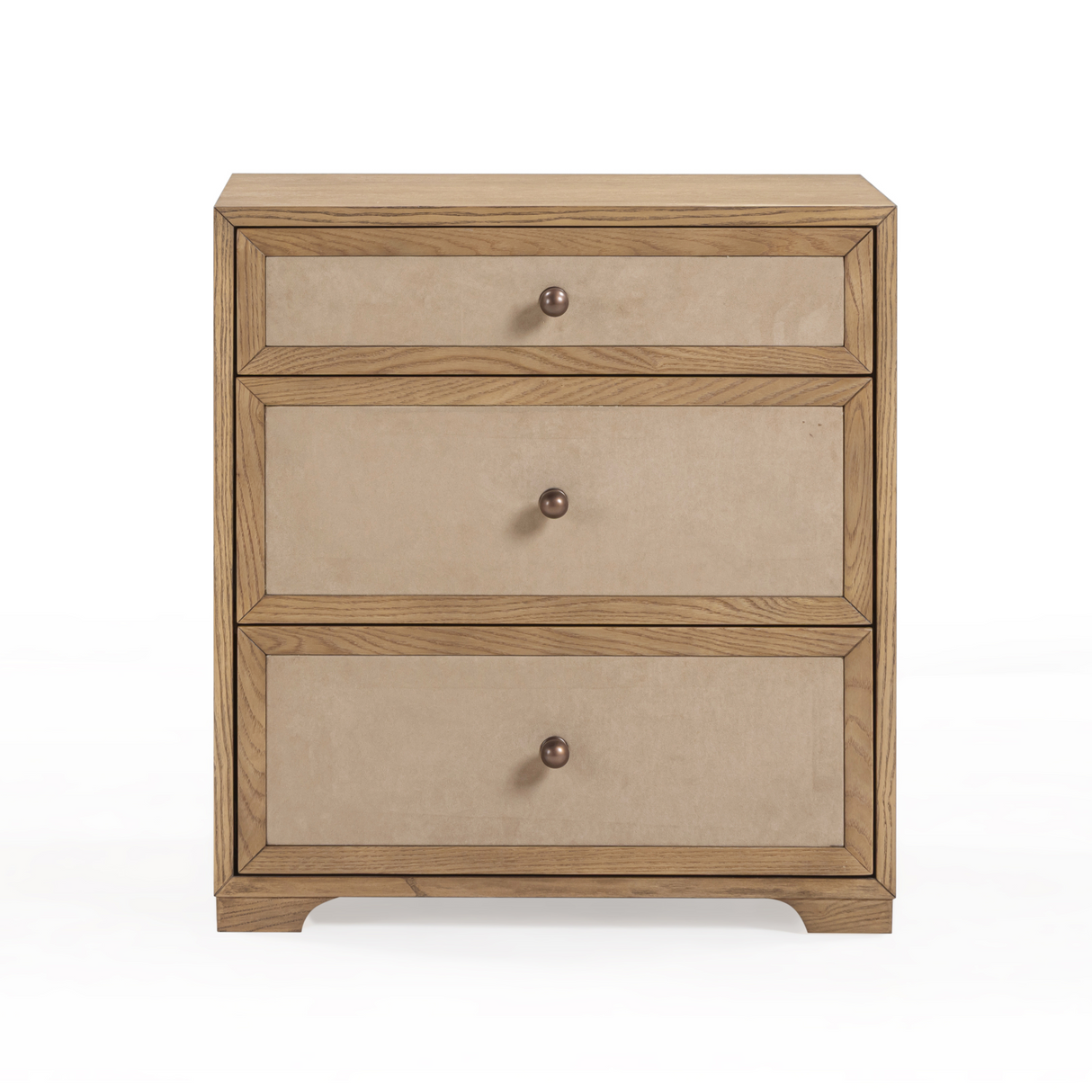 Laurentis 23.5" Light Taupe Suede and Wood 3-Drawer Nightstand by TOV Furniture at Eve Furniture