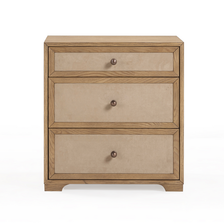 Laurentis 23.5" Light Taupe Suede and Wood 3-Drawer Nightstand by TOV Furniture at Eve Furniture