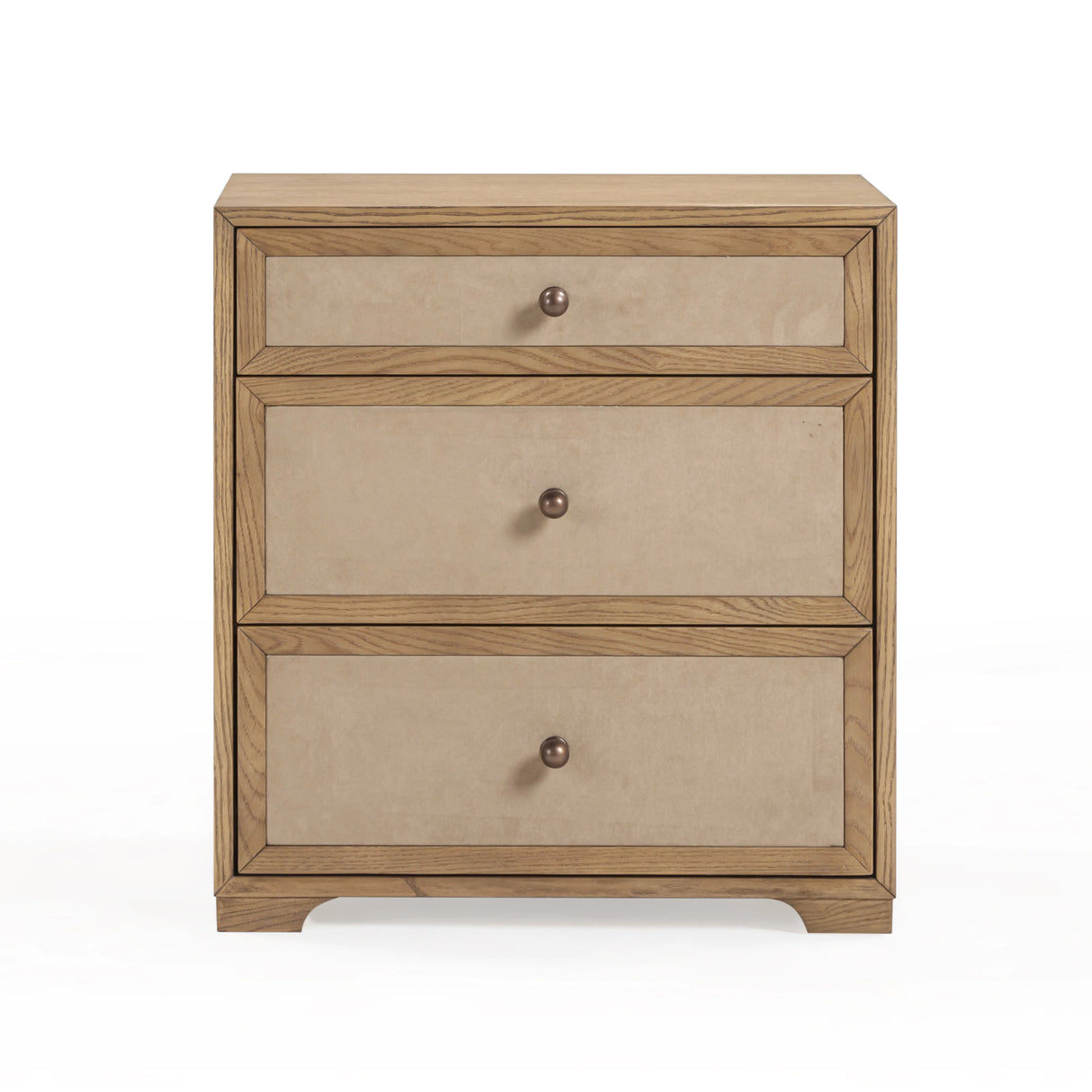 Laurentis 23.5" Light Taupe Suede and Wood 3-Drawer Nightstand by TOV Furniture at Eve Furniture