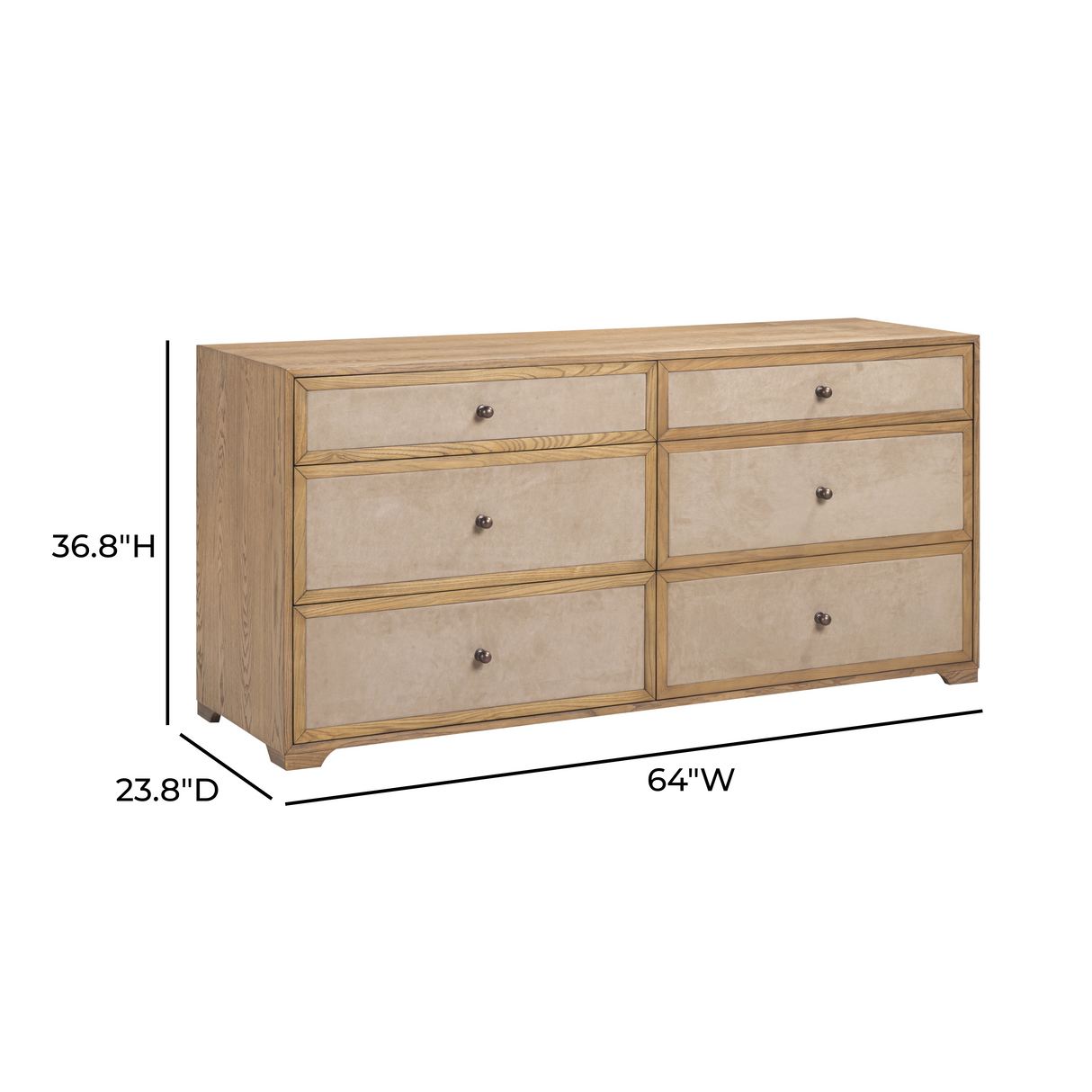 Laurentis 64" Light Taupe Suede and Wood 6-Drawer Dresser by TOV Furniture at Eve Furniture