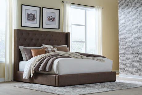Lavernty Coffee King Upholstered Storage Bed by Ashley at Eve Furniture