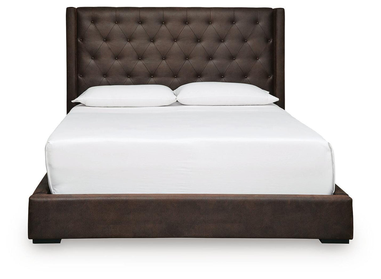 Lavernty Coffee Queen Upholstered Storage Bed by Ashley at Eve Furniture