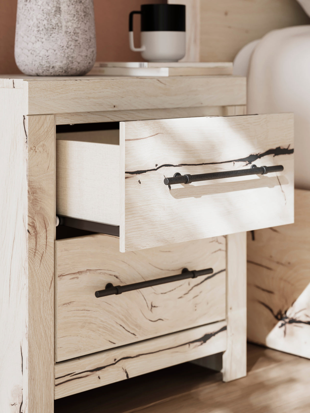 Lawroy Light Natural Storage Panel Bedroom Set with 2 Footboard Drawers by Ashley at Eve Furniture