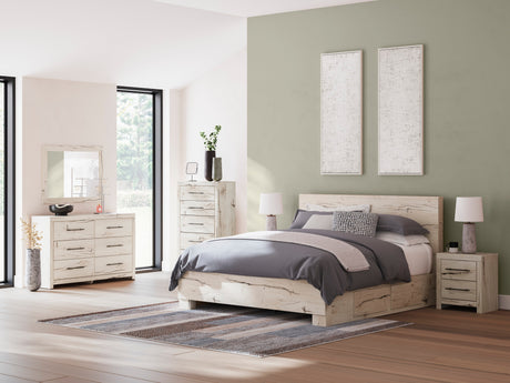 Lawroy Light Natural Storage Panel Bedroom Set with 4 Side Drawers by Ashley at Eve Furniture