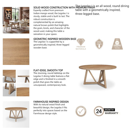 Legolas I Round Brown Solid Wood Top & Base Dining Table by Mercana at Eve Furniture