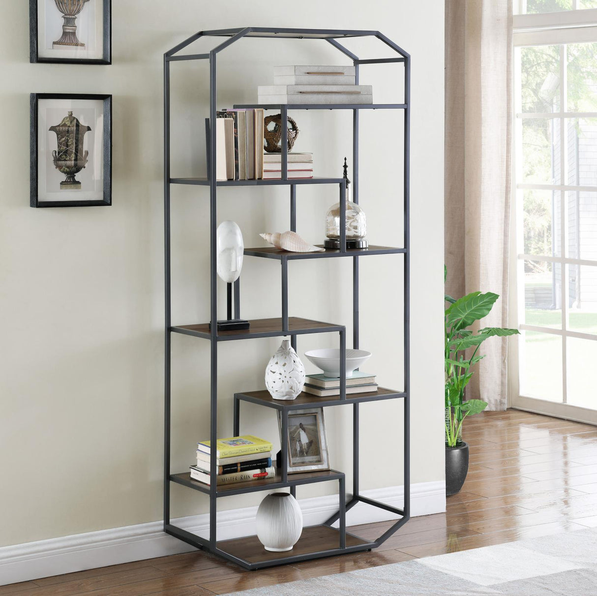 Leland Rustic Brown/Dark Gray 6-Shelf Bookcase