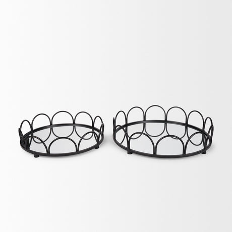Lenore Round Metal/Mirror Tray Black (Set of 2) by Mercana at Eve Furniture