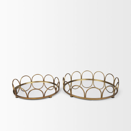 Lenore Round Metal/Mirror Tray Gold (Set of 2) by Mercana at Eve Furniture