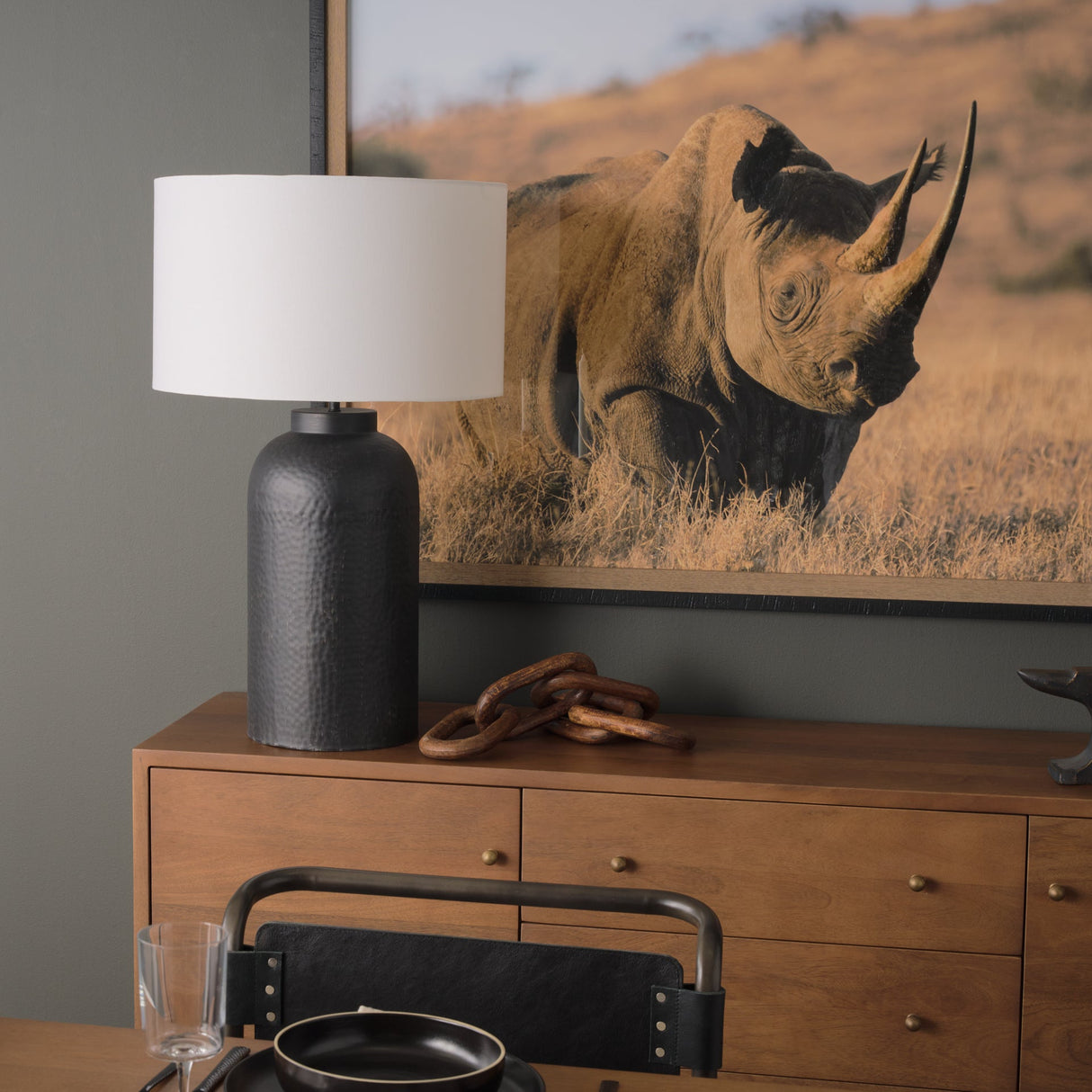 Leo 18.0L x 18.0W x 31.0H Black Hammered W/White Fabric Shade Table Lamp by Mercana at Eve Furniture