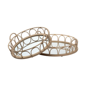 Leona (Set of 2) Natural Wicker Woven Mirrored Base Nesting Trays by Mercana at Eve Furniture