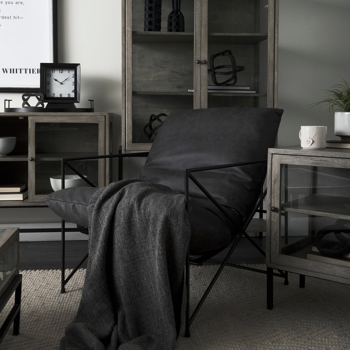 Leonidas 28.5L x 29.5W x 34.0H Black Faux Leather Seat W/ Black Metal Frame Accent Chair by Mercana at Eve Furniture