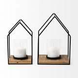Leopold Set of Two Black Metal Wooden Base Table Candle Holders by Mercana at Eve Furniture