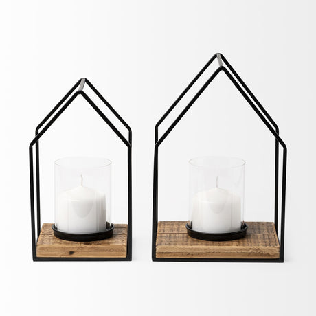 Leopold Set of Two Black Metal Wooden Base Table Candle Holders by Mercana at Eve Furniture
