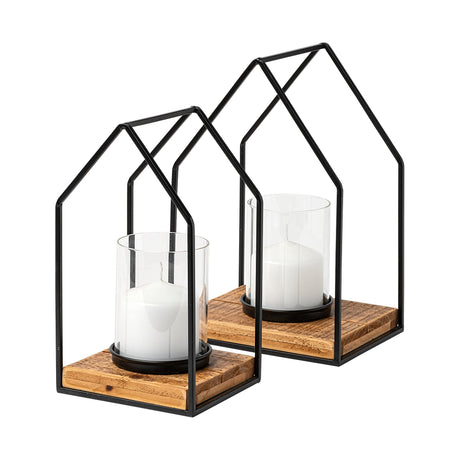 Leopold Set of Two Black Metal Wooden Base Table Candle Holders by Mercana at Eve Furniture