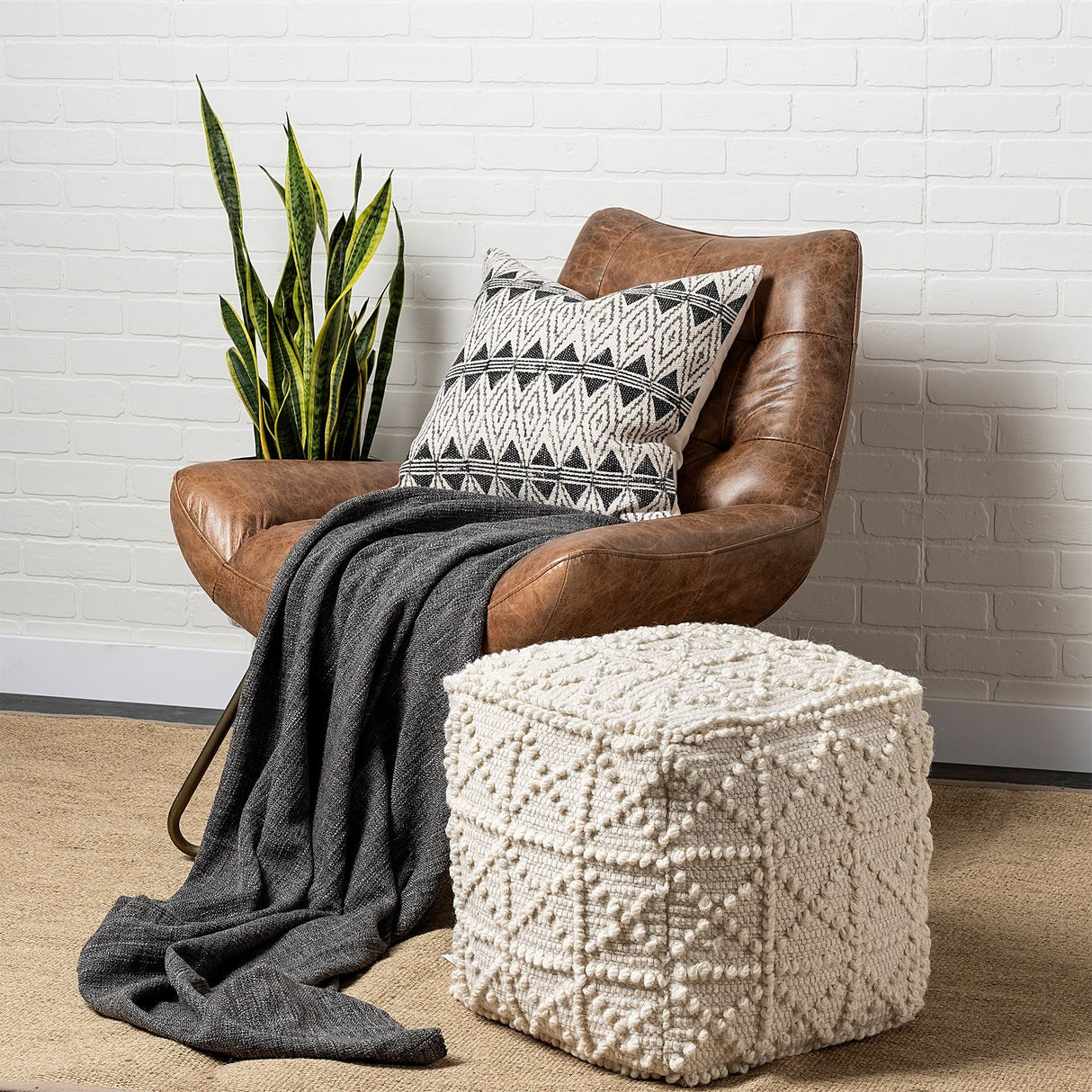 Leroy Square Cream Wool Pouf w/ Popcorn Detail by Mercana at Eve Furniture