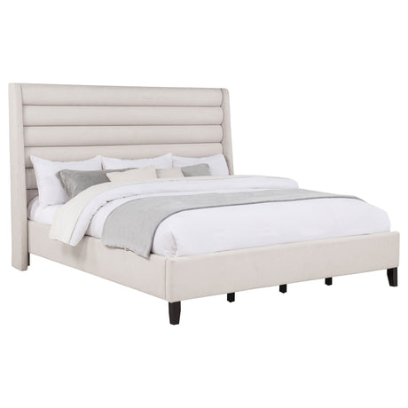 Leslie Beige Upholstered Tufted Eastern King Wingback Platform Bed by Coaster at Eve Furniture