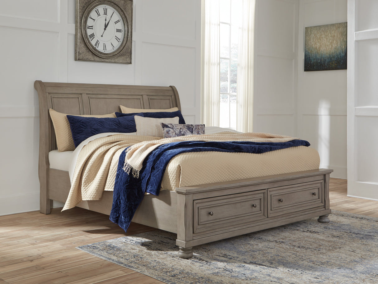 Lettner Light Gray Sleigh Storage Platform Bedroom Set by Ashley at Eve Furniture