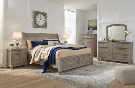 Lettner Light Gray Sleigh Storage Platform Bedroom Set by Ashley at Eve Furniture