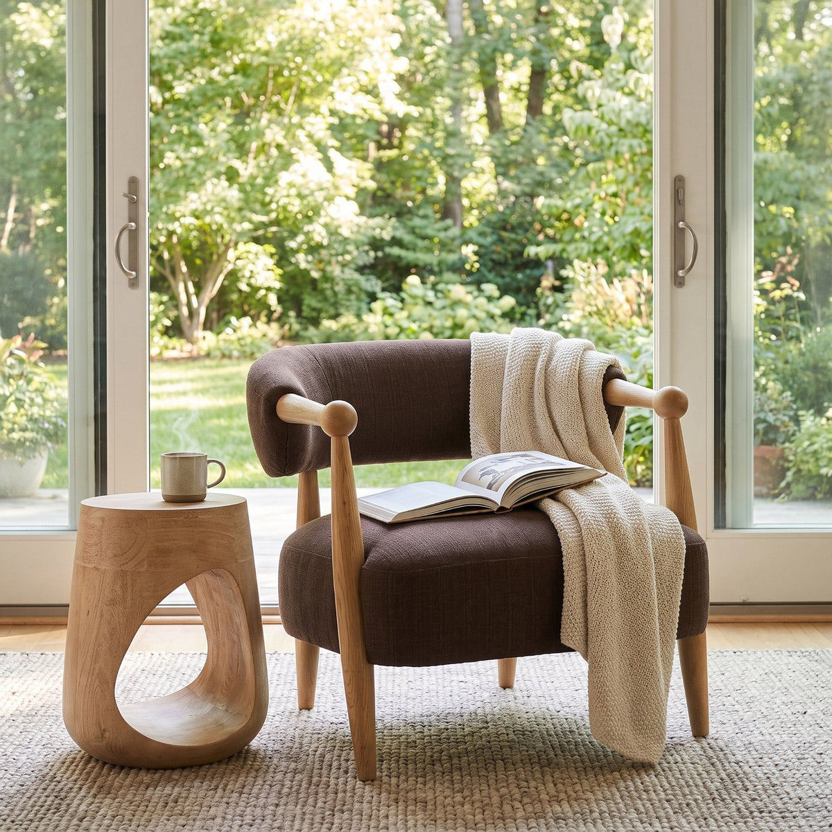 Lewis Mocha Fabric w/ Brown Wood Open Back Accent Chair by Mercana at Eve Furniture